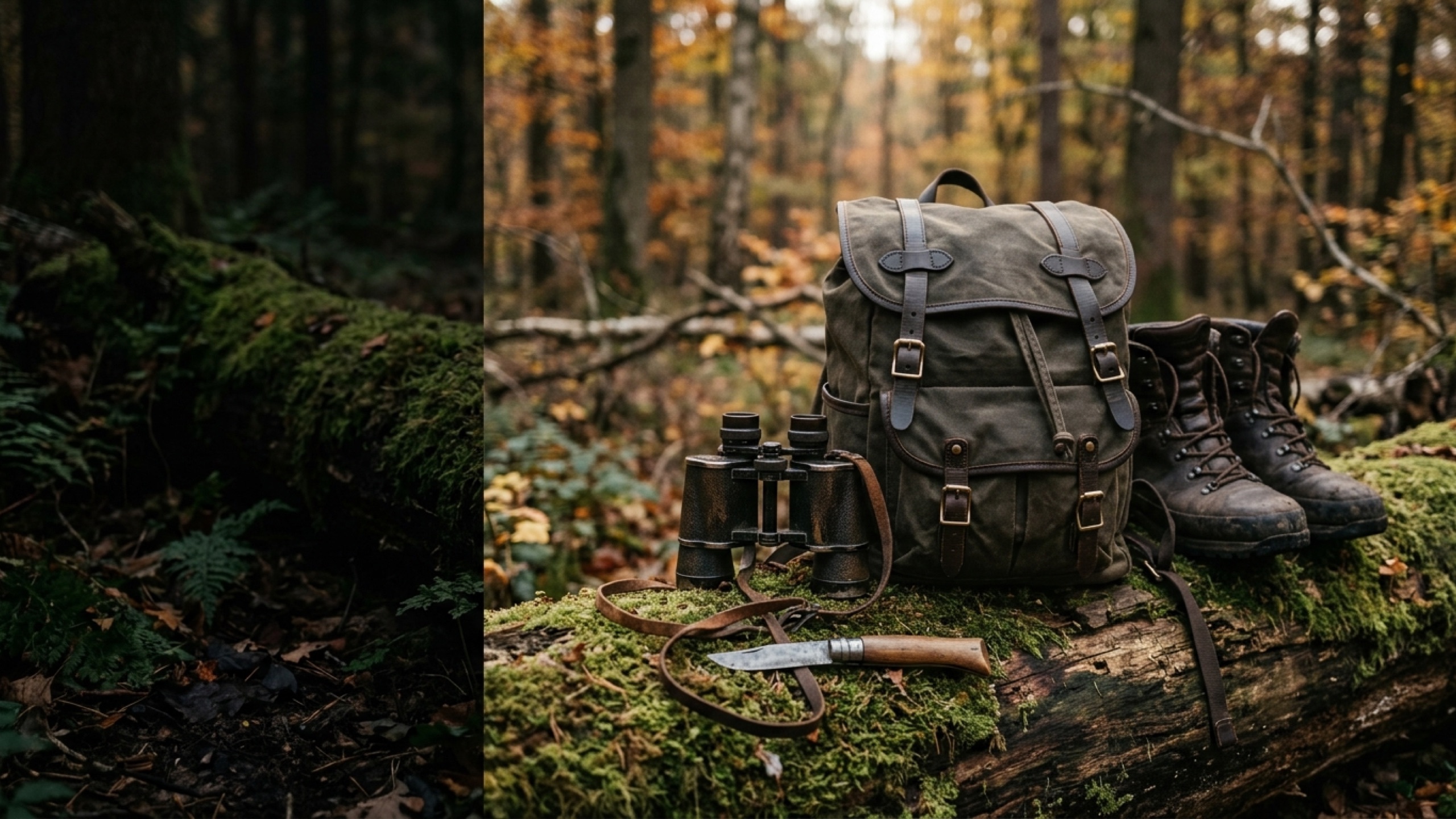 Jagd-Grundausrüstung auf einem Moos-Stamm: Rucksack, Fernglas, Messer und Stiefel