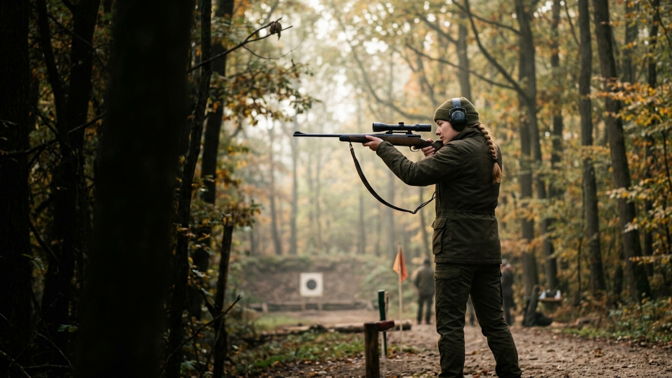 Angehende Jungjägerin zielt mit der Büchse am Schießstand im herbstlichen Mischwald
