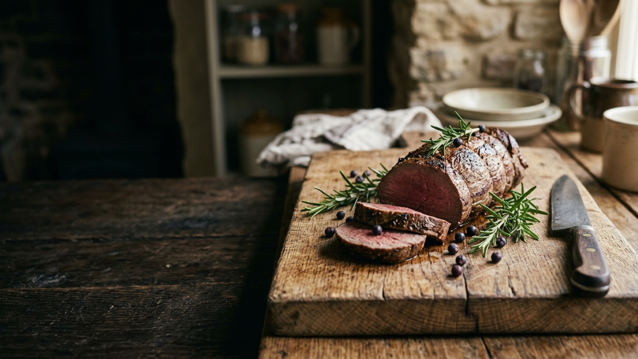 Wildbret-Braten auf einem Holzbrett mit Rosmarin und Wacholder